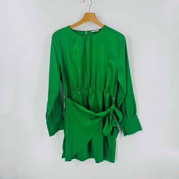 Sunday Up Green Satin Tie-Waist Mini Dress Size Large Holiday Party Cocktail - Picture 1 of 6
